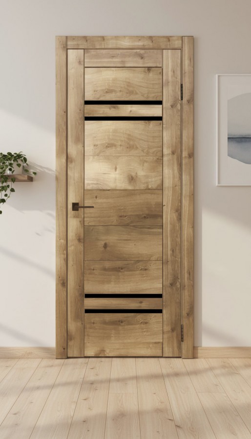 Межкомнатная дверь М44 Дуб болтон (стекло Черное)