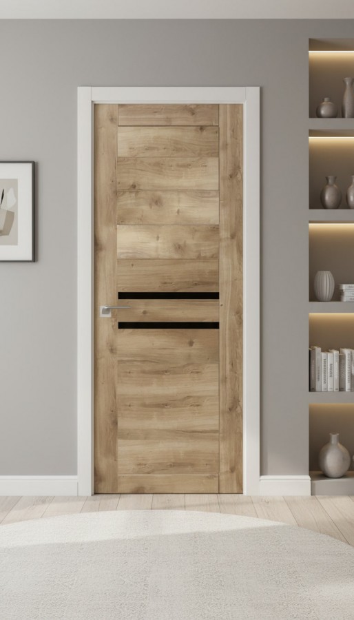 Межкомнатная дверь М46 Дуб болтон (стекло Черное)